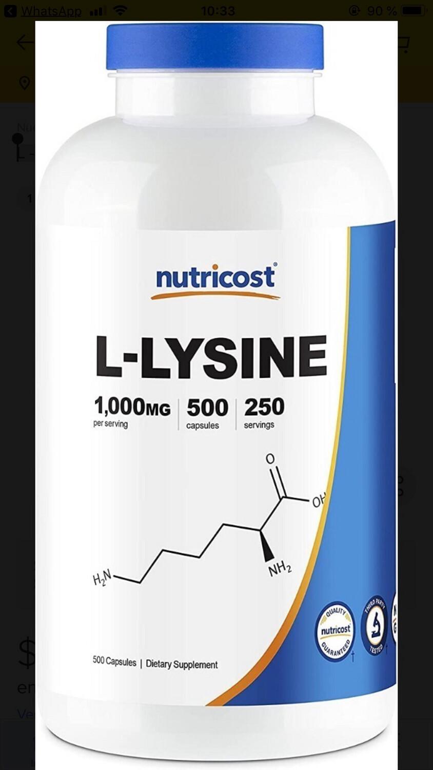 L - Lisina 1000 Mg, Nutricost, 500caps, Supleuy