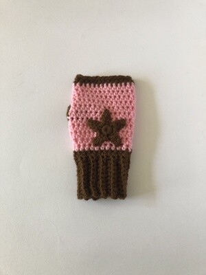 Women's Brown & Pink Star Crochet Fingerless Gloves