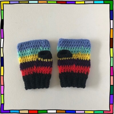 "children's black cuff with red, purple, yellow, aqua and blue stripe crochet fingerless gloves"