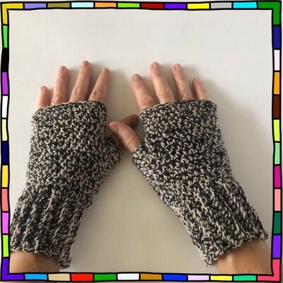 "Men's black and natural colour texture hand crocheted fingerless gloves"