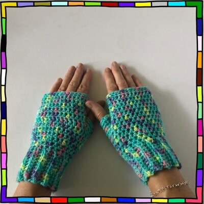 "Women's aqua rainbow colour hand crocheted fingerless gloves"