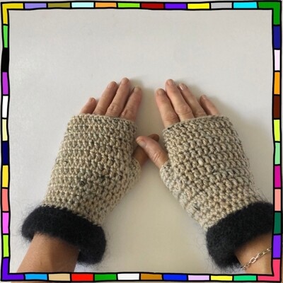 "Women's black mohair garter stitch knit cuffs beige colour hand crocheted fingerless gloves"