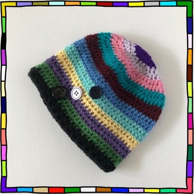 "Children's colourful striped handmade crochet beanie hat decorated with 3 buttons"