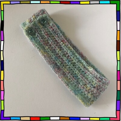 "Women's adjustable pale blue rainbow sky fluffy texture hand crocheted headband with buttons"
