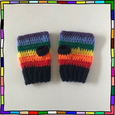 "Children's age 7 to 8 years rainbow striped hand crocheted fingerless gloves"
