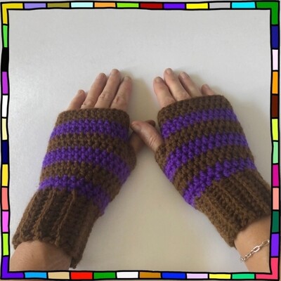 "Women's walnut brown and purple stripe hand crocheted fingerless gloves"