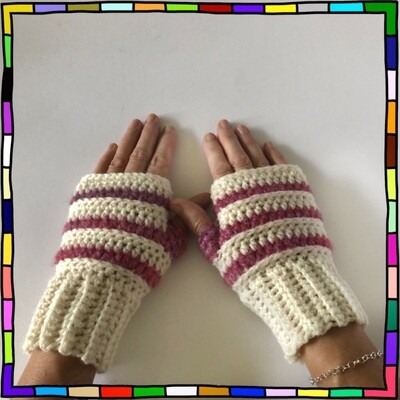 "Women's luxury cream and pink stripe hand crocheted fingerless gloves"
