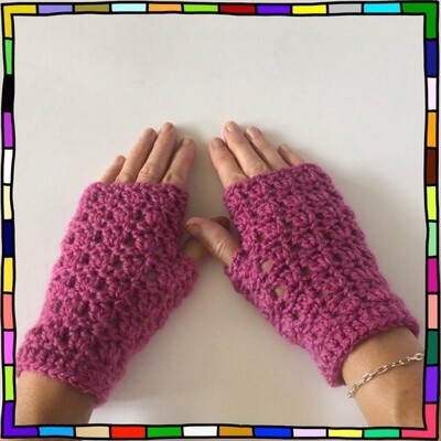 "Women's fuchsia pink pattern hand crochet fingerless gloves"