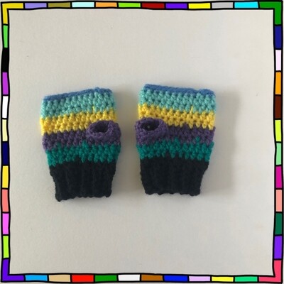 "Toddler black cuff with teal, purple, yellow, aqua and blue stripe hand crocheted fingerless gloves"