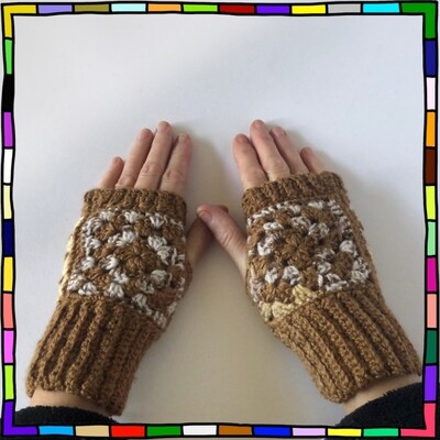 "Women's crochet brown granny square fingerless gloves"