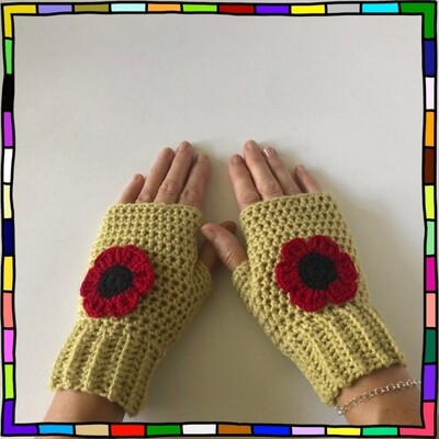 "Women's cornfield hand crocheted fingerless gloves which are adorned with poppy flower motifs"