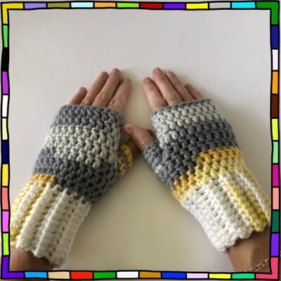 "Women's chunky grey, yellow and white hand crocheted fingerless gloves"