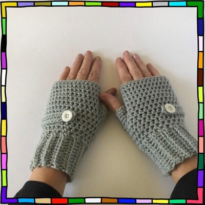 "Women's dove grey hand crocheted fingerless gloves which are adorned with matching strips and white buttons"