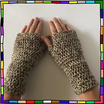 "Women's long cuff brown and pale yellow fitted hand crochet fingerless gloves"
