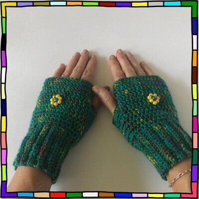 "Women's luxury green with flower bead detail hand crocheted fingerless gloves"