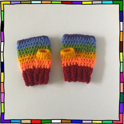 "Toddler dark red rib cuff with rainbow colour stripe hand crocheted fingerless gloves" 