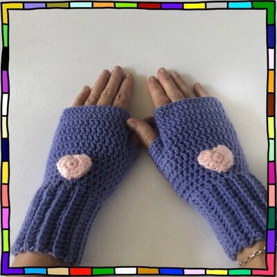 "Women's bluebell colour hand crocheted fingerless gloves which are decorated with pale pink heart motifs"