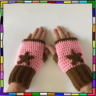 "Women's walnut brown and pink star motif hand crocheted fingerless gloves"