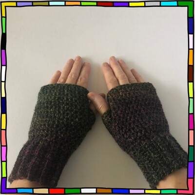 "Women's dark green woodland shades hand crocheted fingerless gloves"