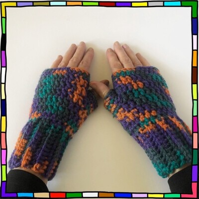 "Women's chunky rust, turquoise and purple mixture hand crocheted fingerless gloves" 