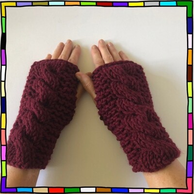 "Women's super chunky wine cable knit and garter stitch hand knit fingerless gloves"