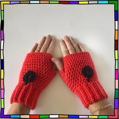 "Women's rose red hand crocheted fingerless gloves adorned with beautiful black leaf motifs on the front" 
