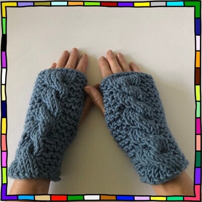 "Women's super chunky dusty blue cable knit and garter stitch hand knit fingerless gloves"
