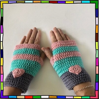 "Women's plumb, aqua and pink silk feel stripe hand crocheted fingerless gloves which are adorned with pink heart motifs"