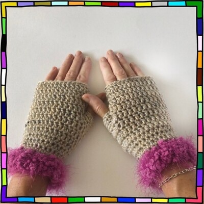 "Women's pink bobbly and fluffy hand knit cuff beige colour crochet fingerless gloves"