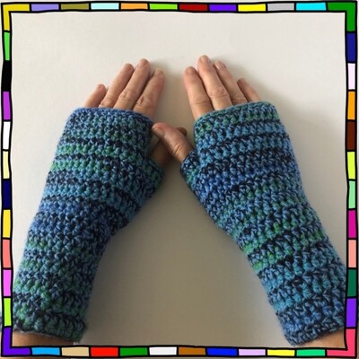 "Women's long cuff ocean blue fitted hand crocheted fingerless gloves"