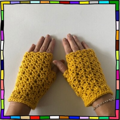 "Women's mustard yellow pattern hand crochet fingerless gloves"