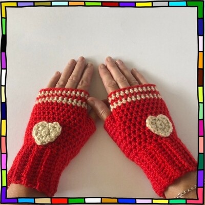 "Women's red hand crocheted fingerless gloves featuring two cream stripes at the top and heart motifs on the front" 