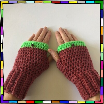 "Women's handmade neon green merino wool hand crocheted fingerless gloves"