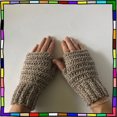 "Women's coffee and oatmeal pattern hand crocheted fingerless gloves"