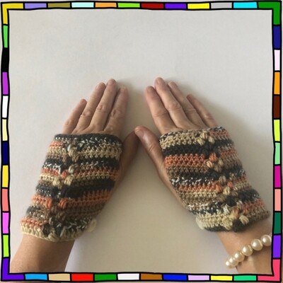 "Women's beige, rust and brown puff stitch wrister fingerless gloves with buttons"