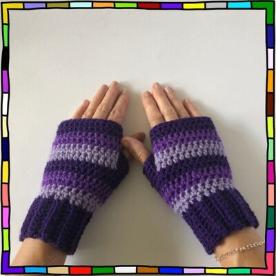 "Women's violet, purple and lilac stripe hand crocheted fingerless gloves" 