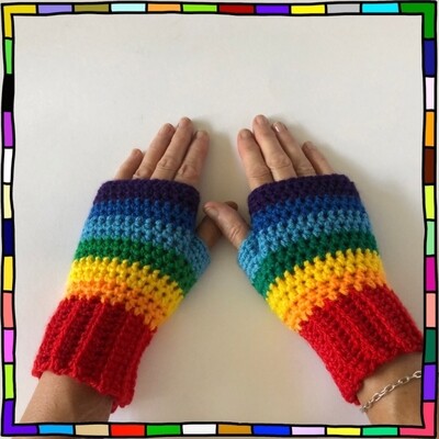 "Women's rainbow coloured hand crocheted fingerless gloves" 
