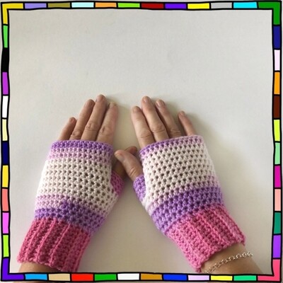 "Women's purple, pink and white mixed colour hand crocheted fingerless gloves" 