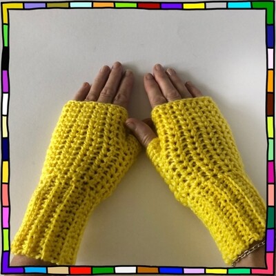 "Women's yellow v stitch pattern hand crocheted fingerless gloves"