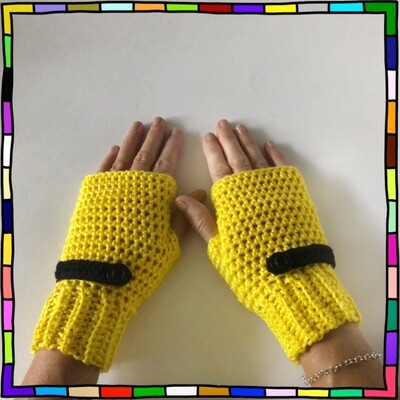 "Women's yellow hand crocheted fingerless gloves which are adorned with black crochet strips and buttons"