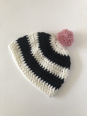 Kids Black & White Striped Hand Crochet Beanie Hat