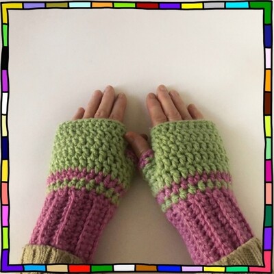 "Women's chunky soft feel lime and pink hand crocheted fingerless gloves"