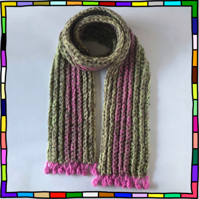 "Women's chunky beige and pink hand crocheted ribbed stitch scarf"