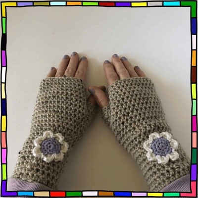 Women's Long Cuff Beige Crochet Fingerless Gloves
