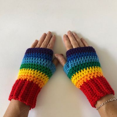 "women's rainbow coloured hand crochet fingerless gloves"