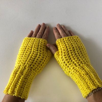"women's yellow v stitch hand crochet fingerless gloves"