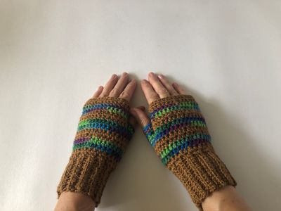 &quot;women&#39;s luxury brown and mixed blue striped handmade crochet fingerless gloves&quot;