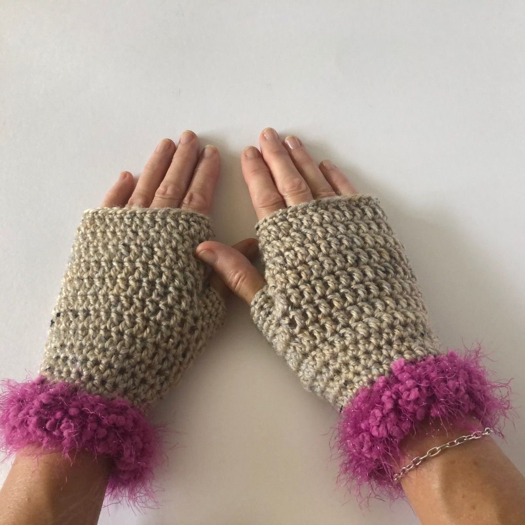 &quot;women&#39;s beige and pink bobbly and fluffy cuff handmade crochet fingerless gloves&quot;