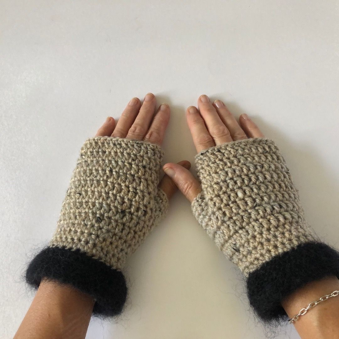 &quot;women&#39;s beige speckled and black knitted mohair cuffs handmade crochet fingerless gloves&quot;