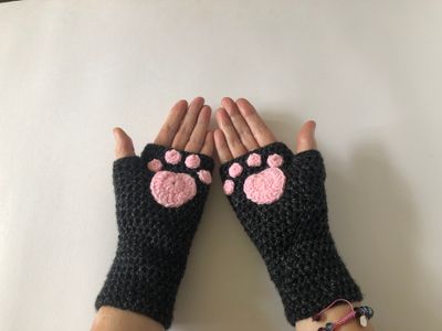 Women&#39;s Long Cuff Black &amp; Pink Paw Print Hand Crocheted Fingerless Gloves